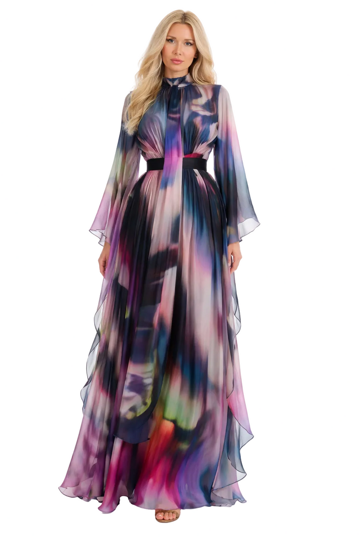 cape-sleeve maxi dress with watercolor print and tie neckline – AURÉLIA