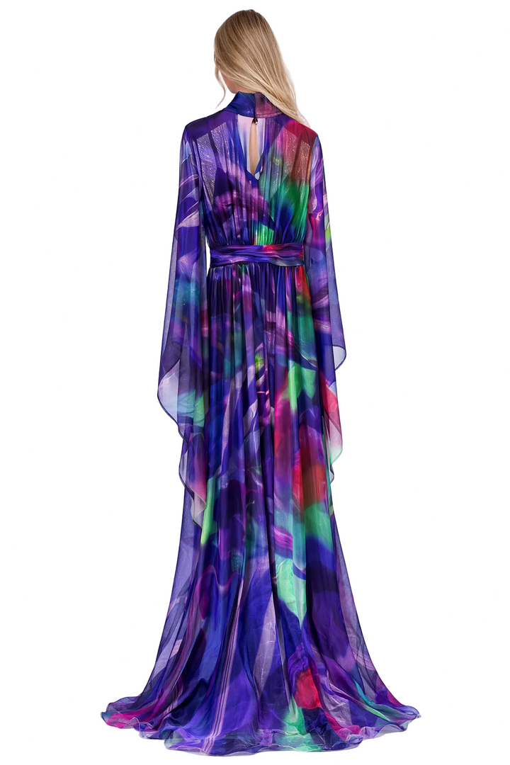 cape-sleeve maxi dress with watercolor print and tie neckline – AURÉLIA