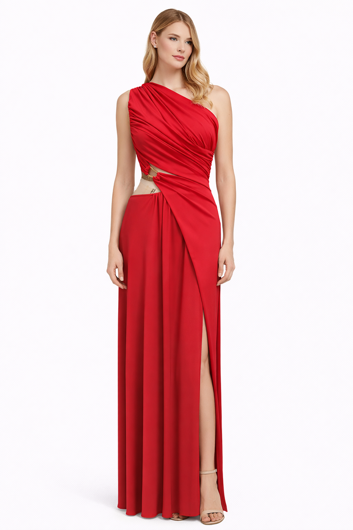 one-shoulder draped chiffon gown with high slit – RUBY
