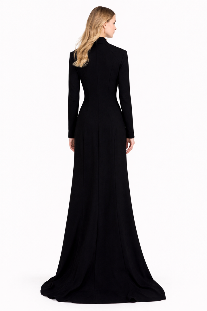 high-neck fitted gown with metal stud detailing – VELORA
