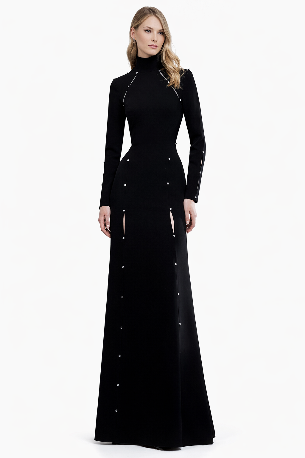 high-neck fitted gown with metal stud detailing – VELORA