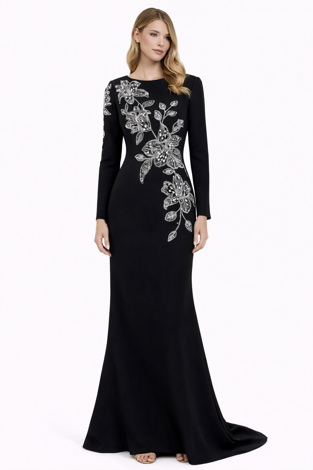 long-sleeve mermaid gown with floral crystal embroidery – SERAPHINA