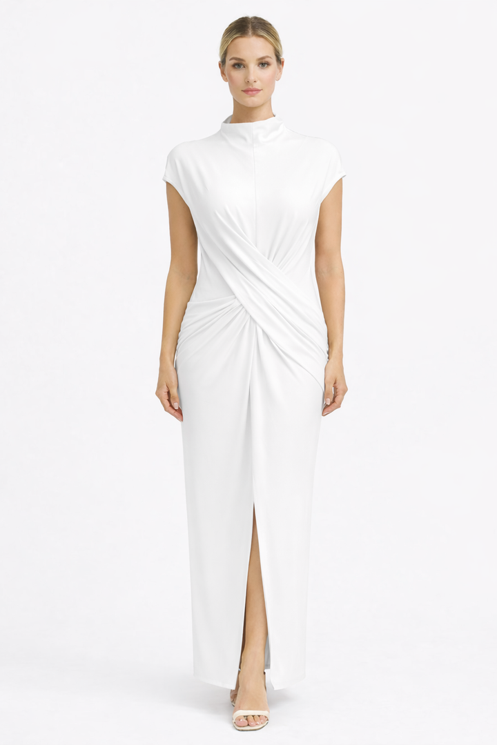draped sleeveless column maxi dress with front slit – HUSSEIN