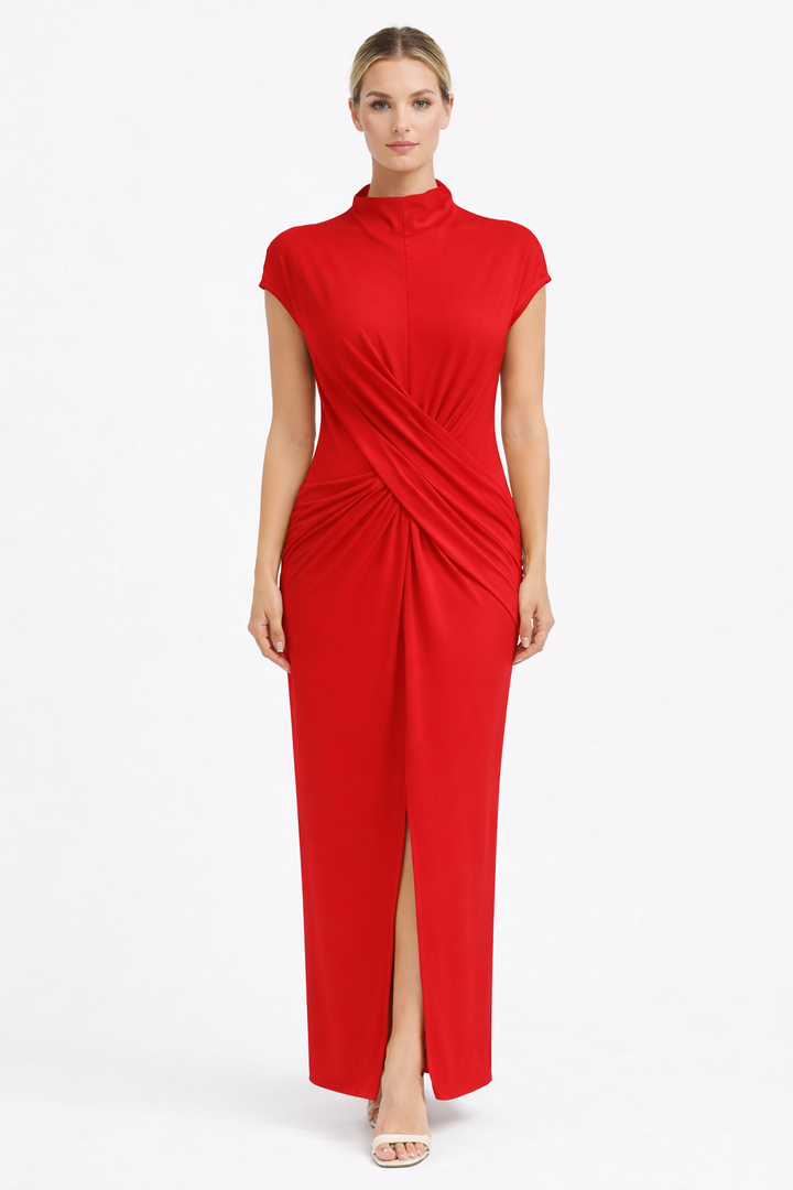draped sleeveless column maxi dress with front slit – HUSSEIN