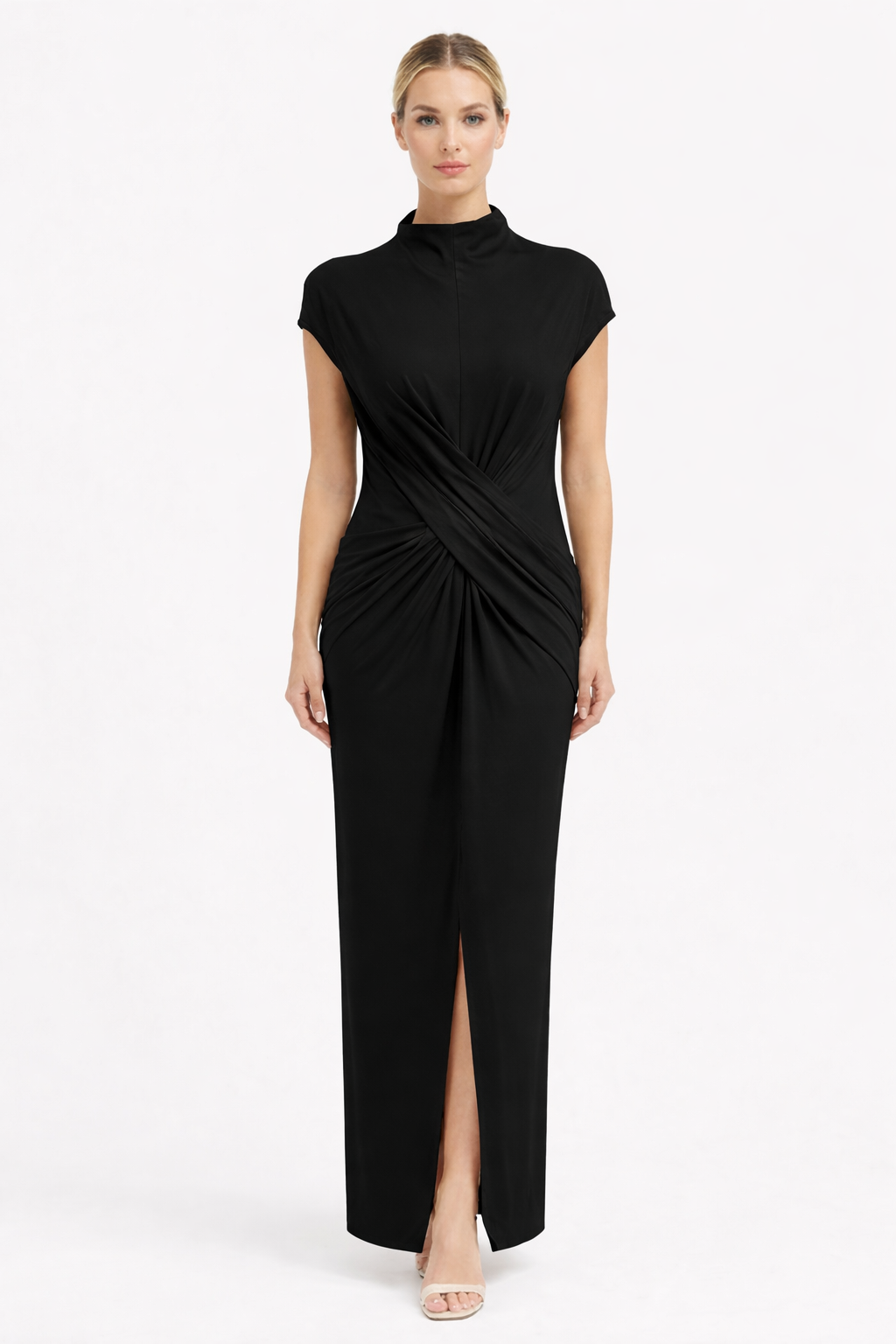 draped sleeveless column maxi dress with front slit – HUSSEIN