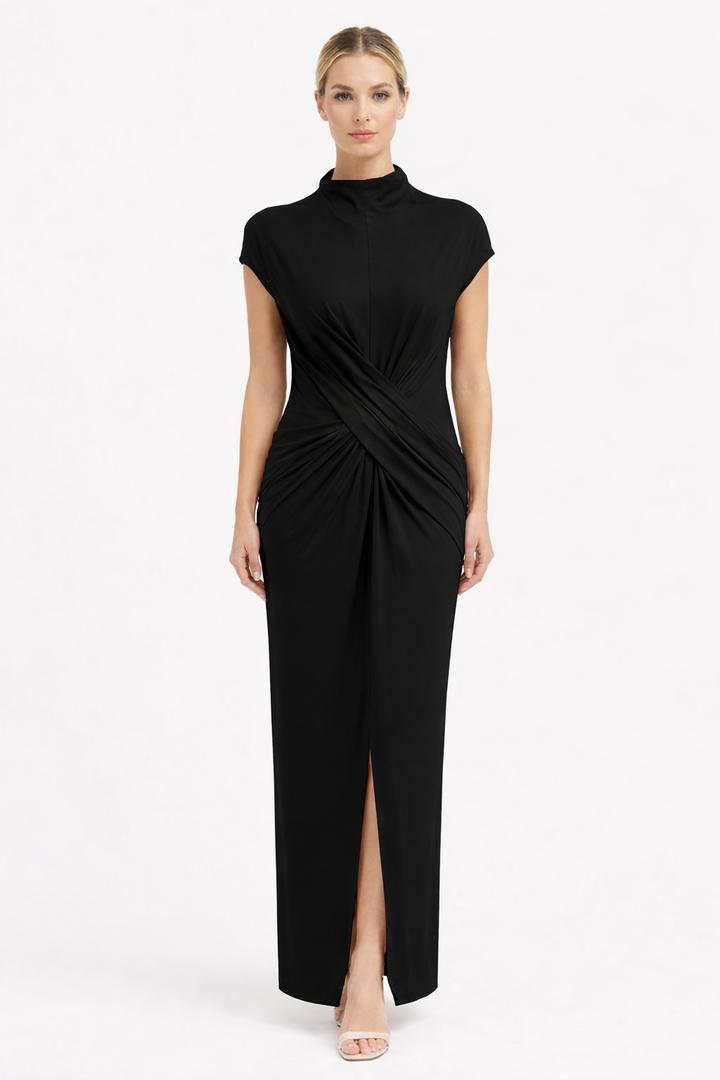 draped sleeveless column maxi dress with front slit – HUSSEIN