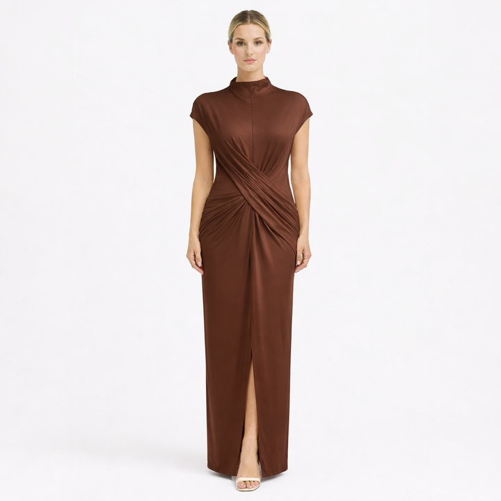 draped sleeveless column maxi dress with front slit – HUSSEIN