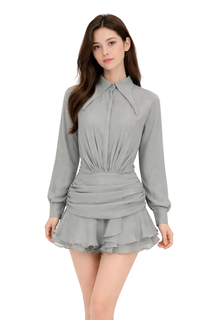 long-sleeve draped shirt dress with ruffle hem – MISTY