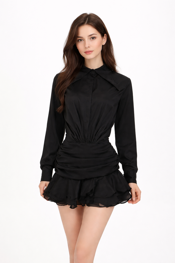 long-sleeve draped shirt dress with ruffle hem – MISTY