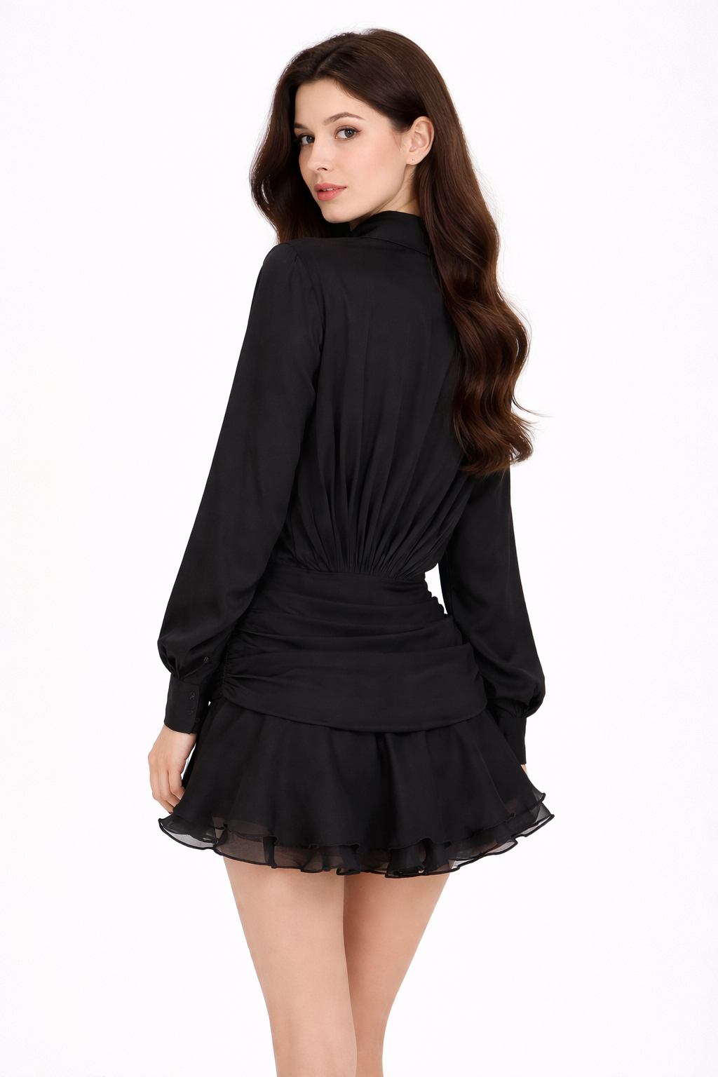 long-sleeve draped shirt dress with ruffle hem – MISTY