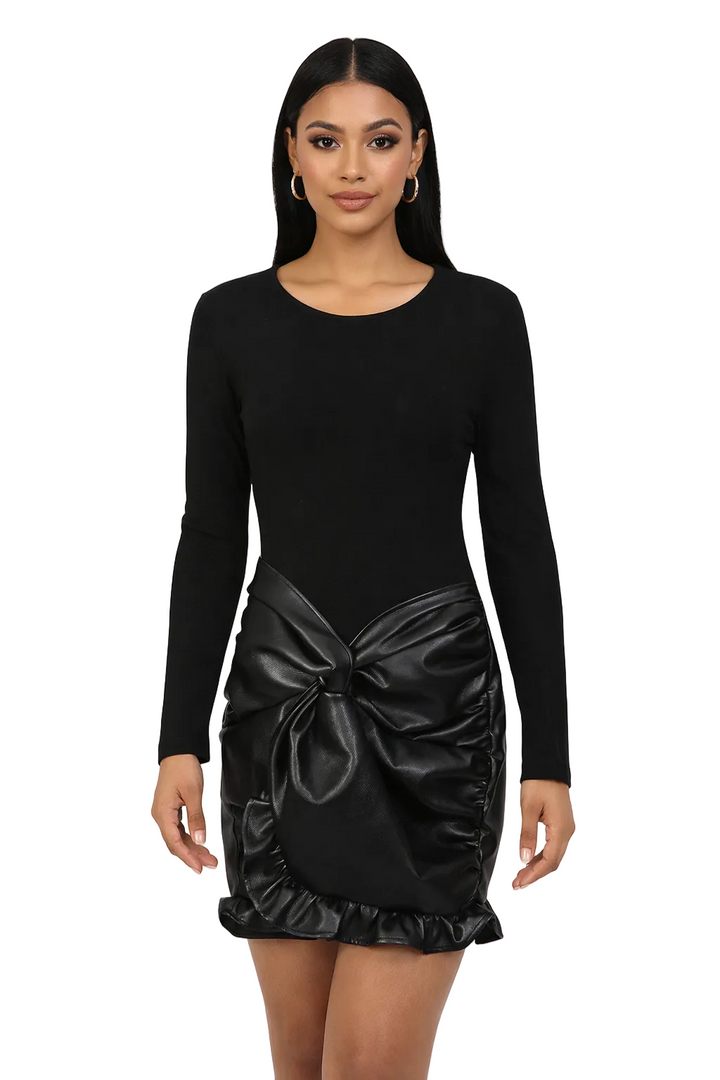 long-sleeve mini dress with leather bow detail – EDGE
