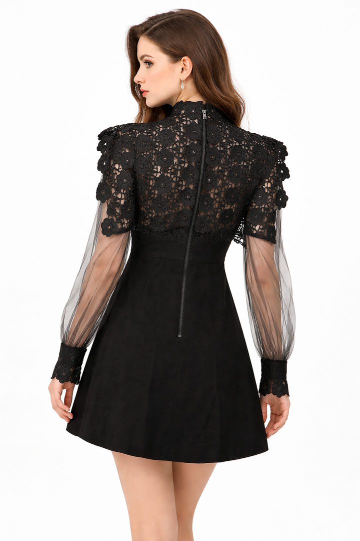 lace high-neck mini dress with sheer sleeves – BLOOM