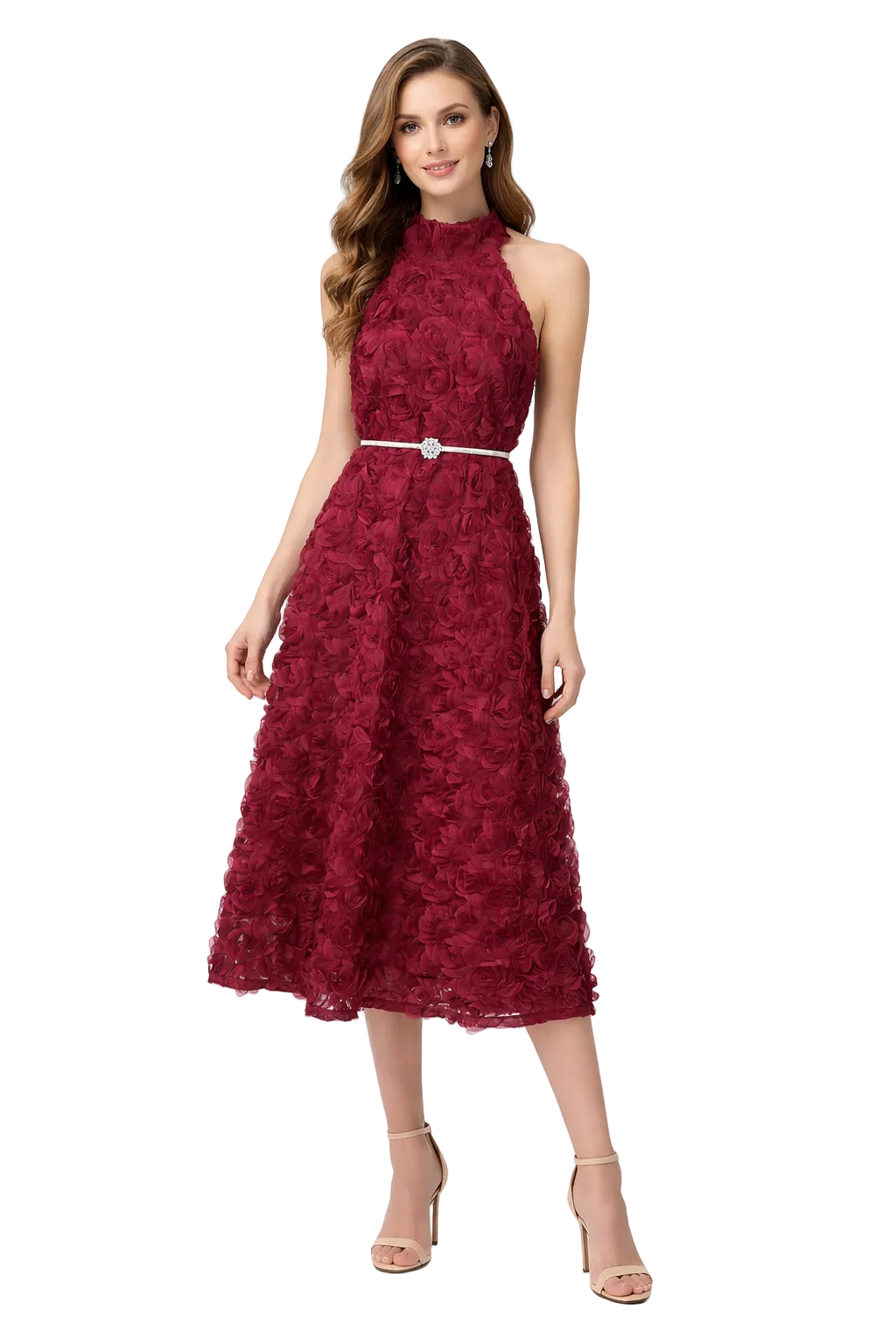 halter-neck floral textured midi dress with crystal belt – RUBY
