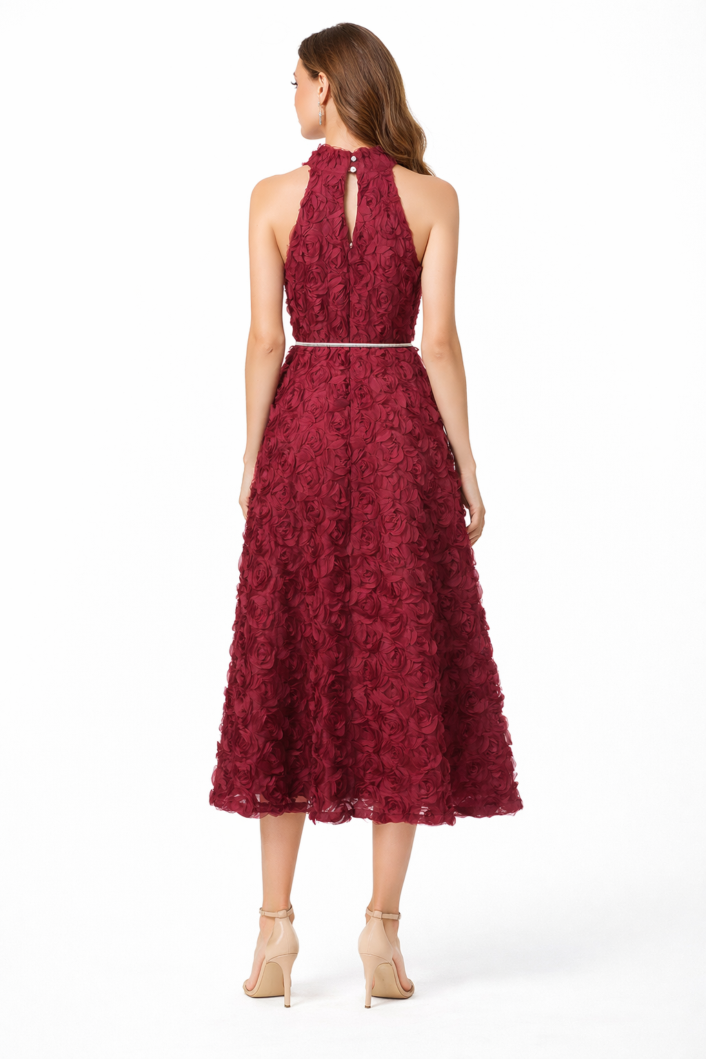 halter-neck floral textured midi dress with crystal belt – RUBY