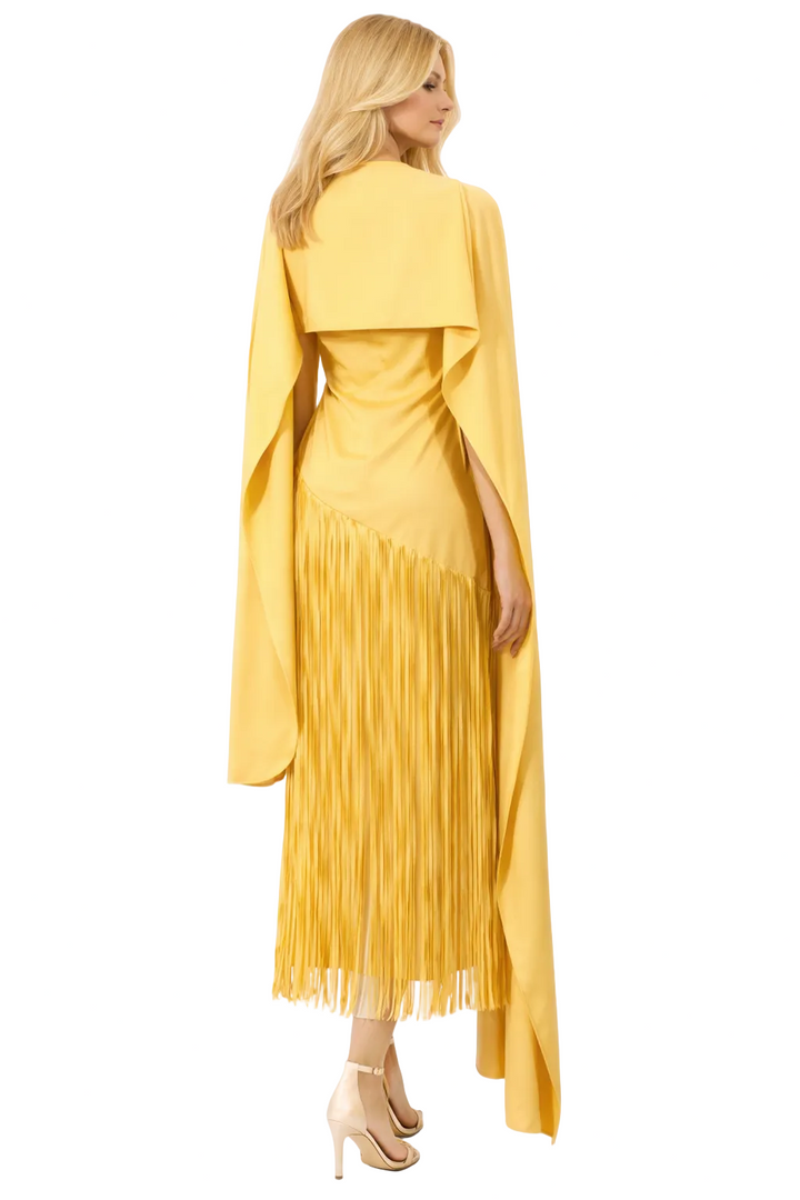 cape-overlay midi dress with fringe skirt – ODD- SOLARA