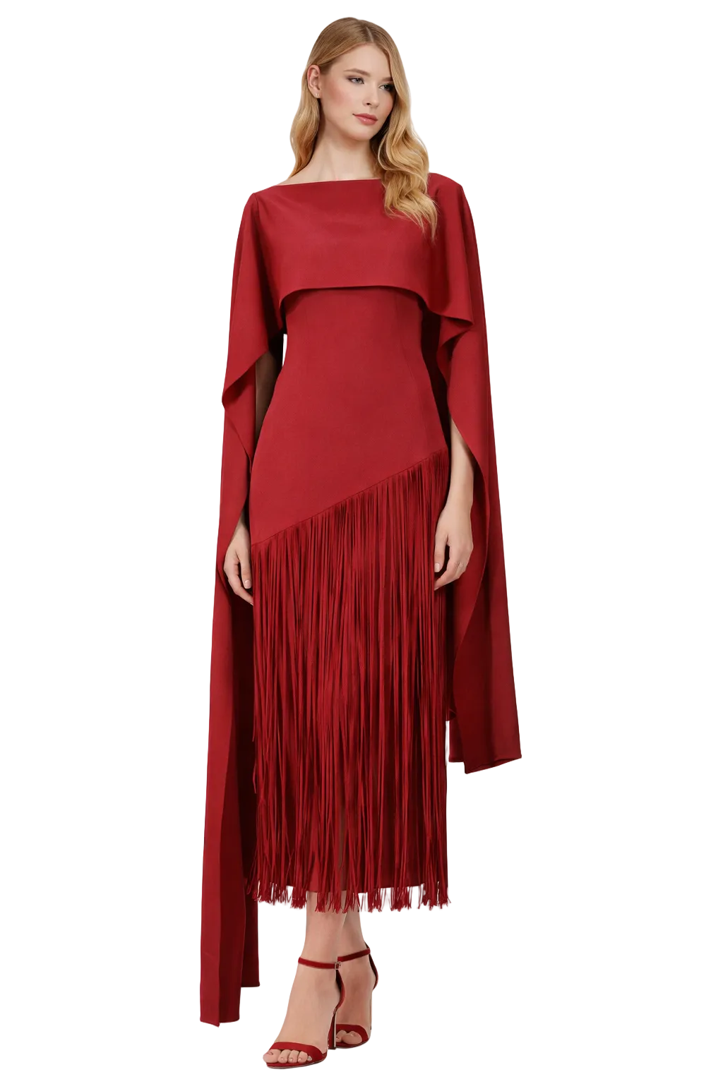 cape-overlay midi dress with fringe skirt – ODD- SOLARA