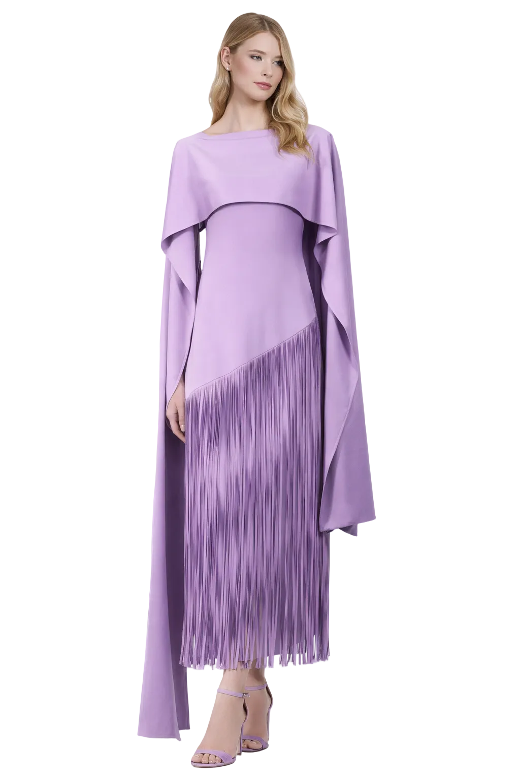 cape-overlay midi dress with fringe skirt – SOLARA