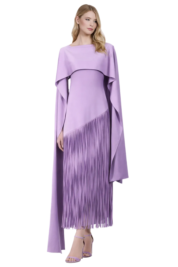 cape-overlay midi dress with fringe skirt – SOLARA