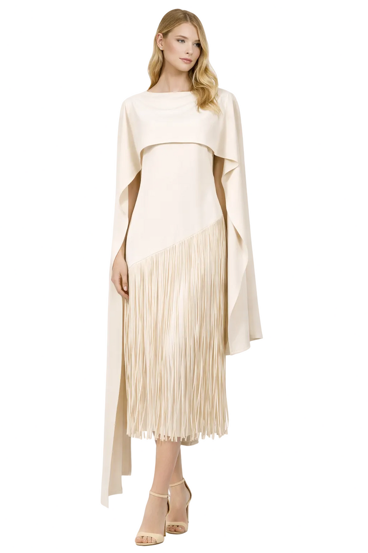 cape-overlay midi dress with fringe skirt – SOLARA