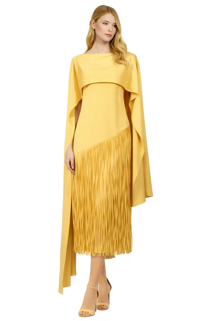 cape-overlay midi dress with fringe skirt – SOLARA