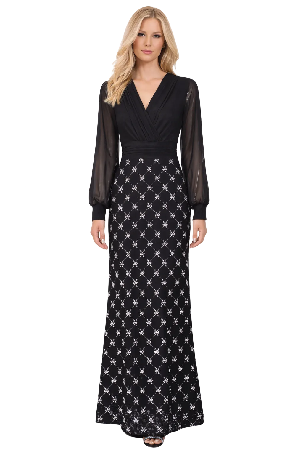 sheer-sleeve wrap bodice gown with embellished skirt – LUCERA