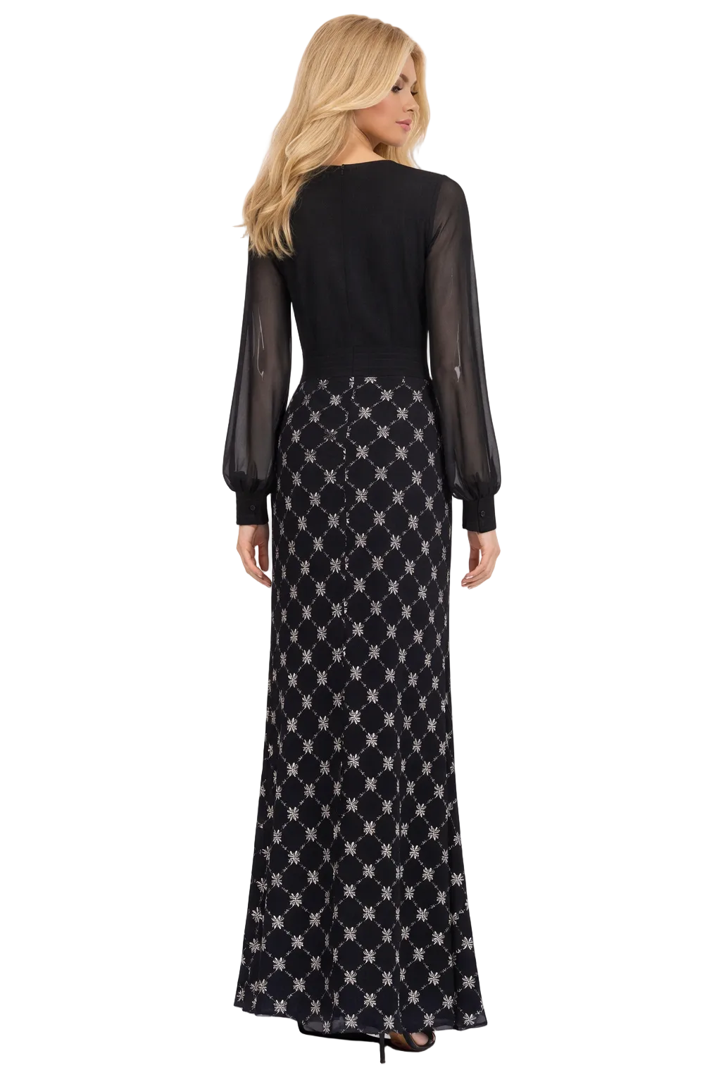 sheer-sleeve wrap bodice gown with embellished skirt – LUCERA