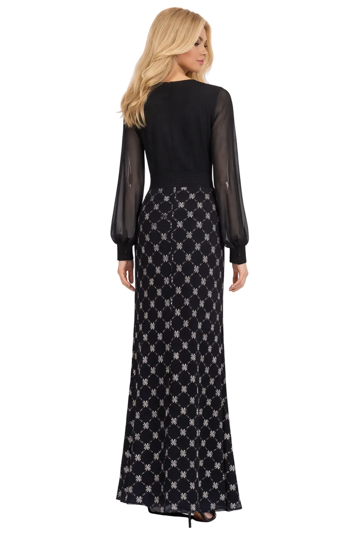 sheer-sleeve wrap bodice gown with embellished skirt – LUCERA