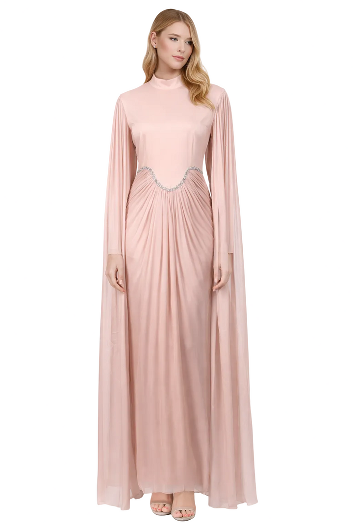 high-neck pleated maxi dress with cape sleeves – ROSALINE