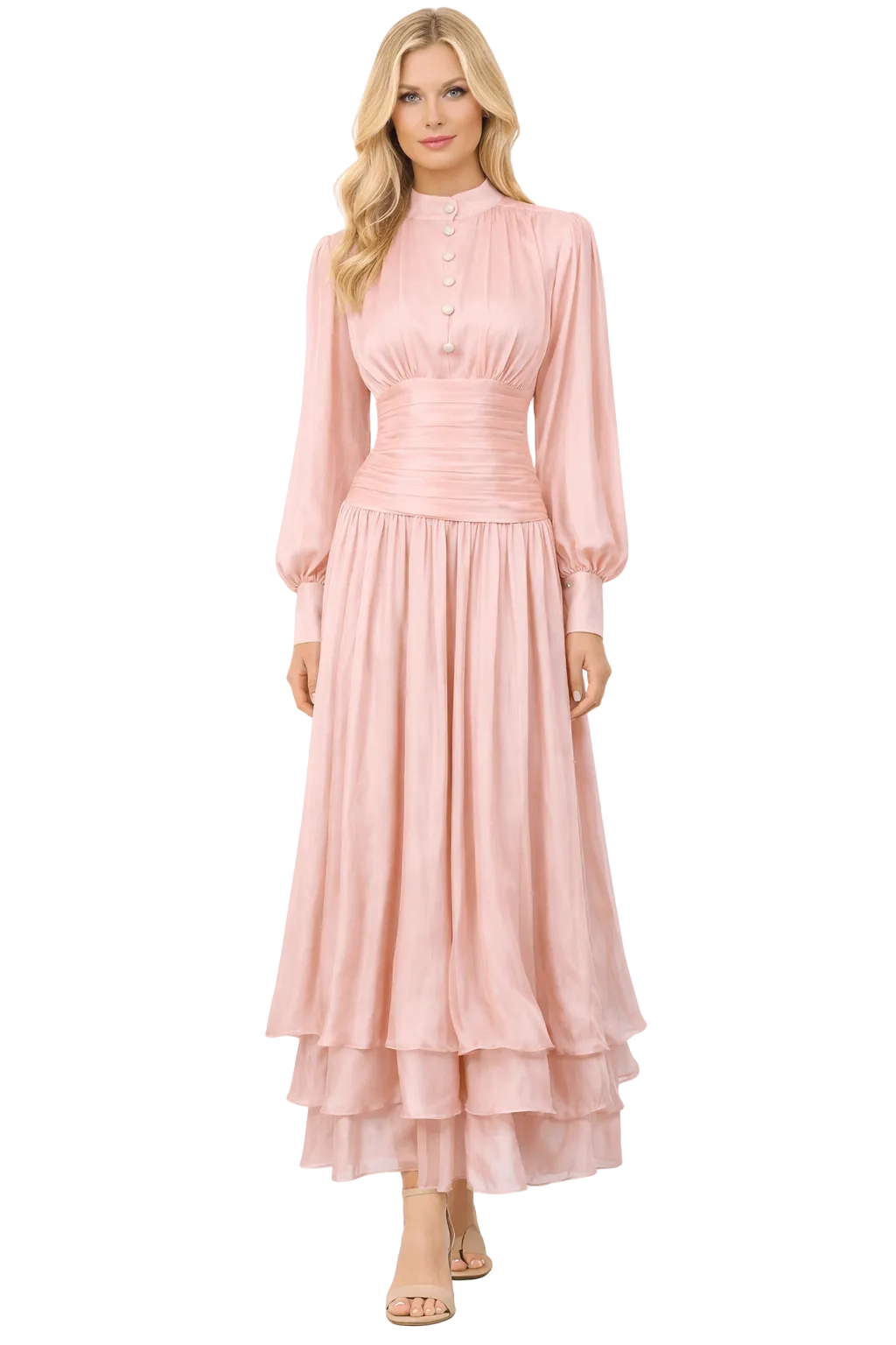 high-neck pleated midi dress with layered hem – ELIANS