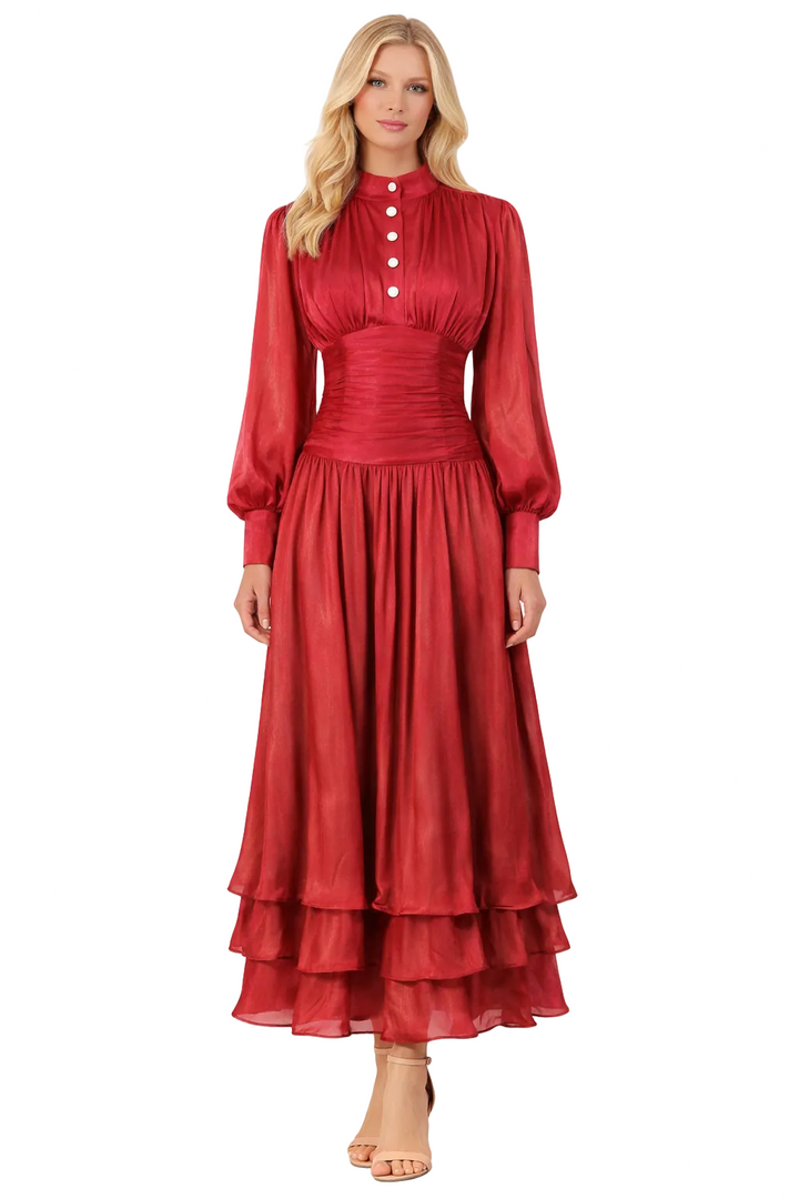 high-neck pleated midi dress with layered hem – ELIANS