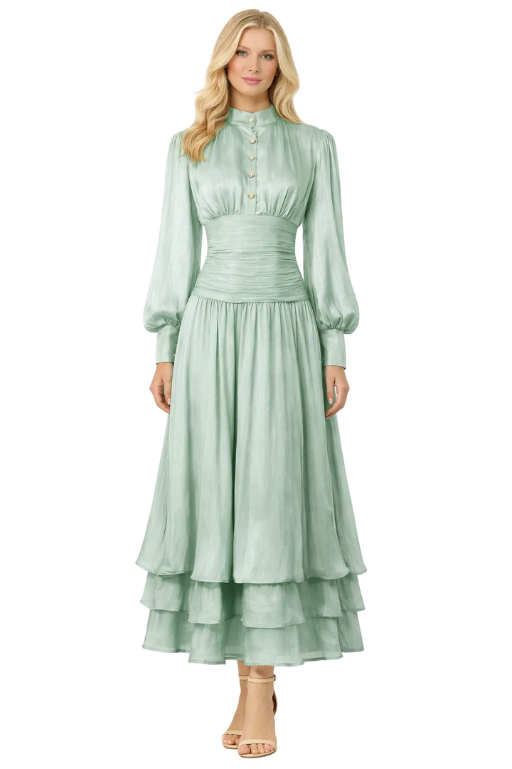 high-neck pleated midi dress with layered hem – ELIANS