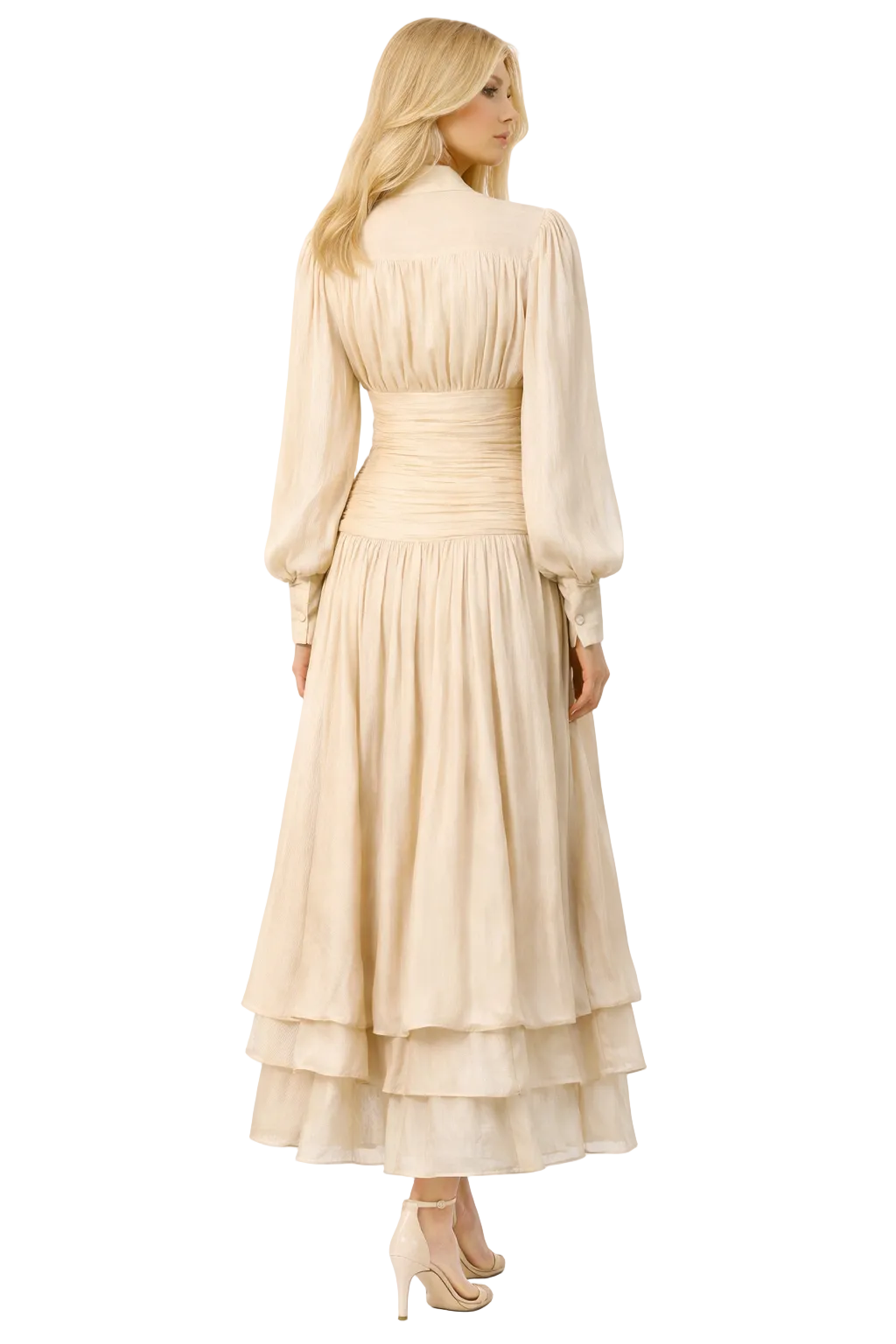 high-neck pleated midi dress with layered hem – ELIANS