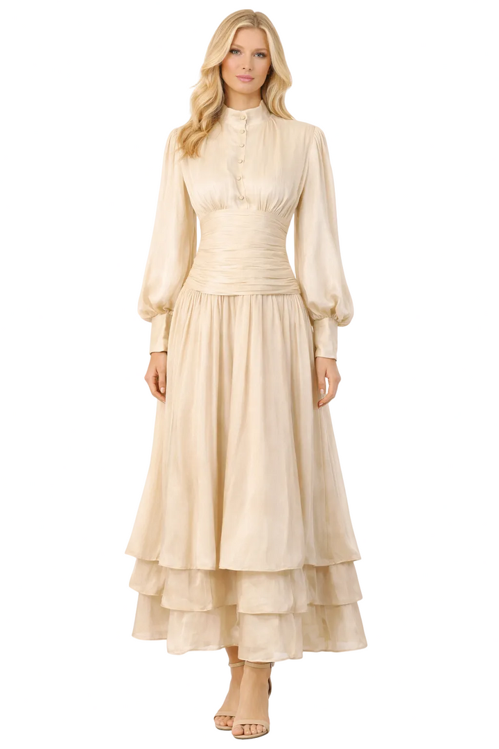 high-neck pleated midi dress with layered hem – ELIANS