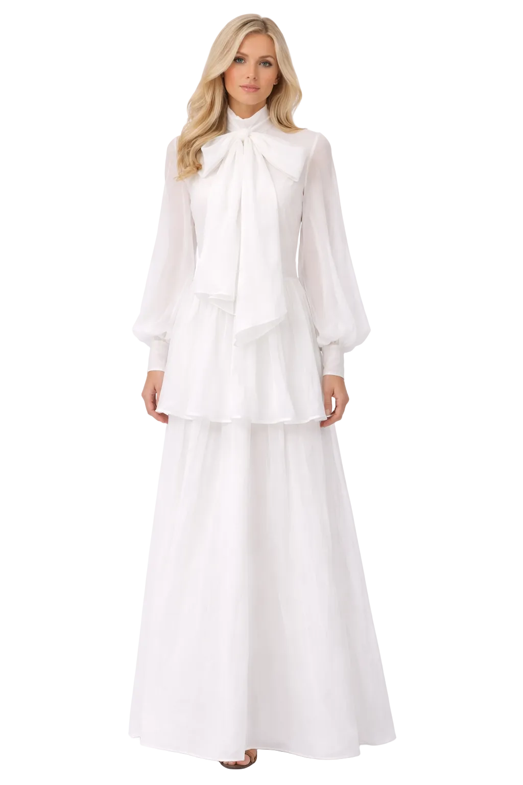 bow-neck chiffon maxi dress with layered ruffle sleeves – SEREL