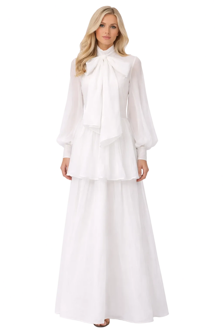 bow-neck chiffon maxi dress with layered ruffle sleeves – SEREL