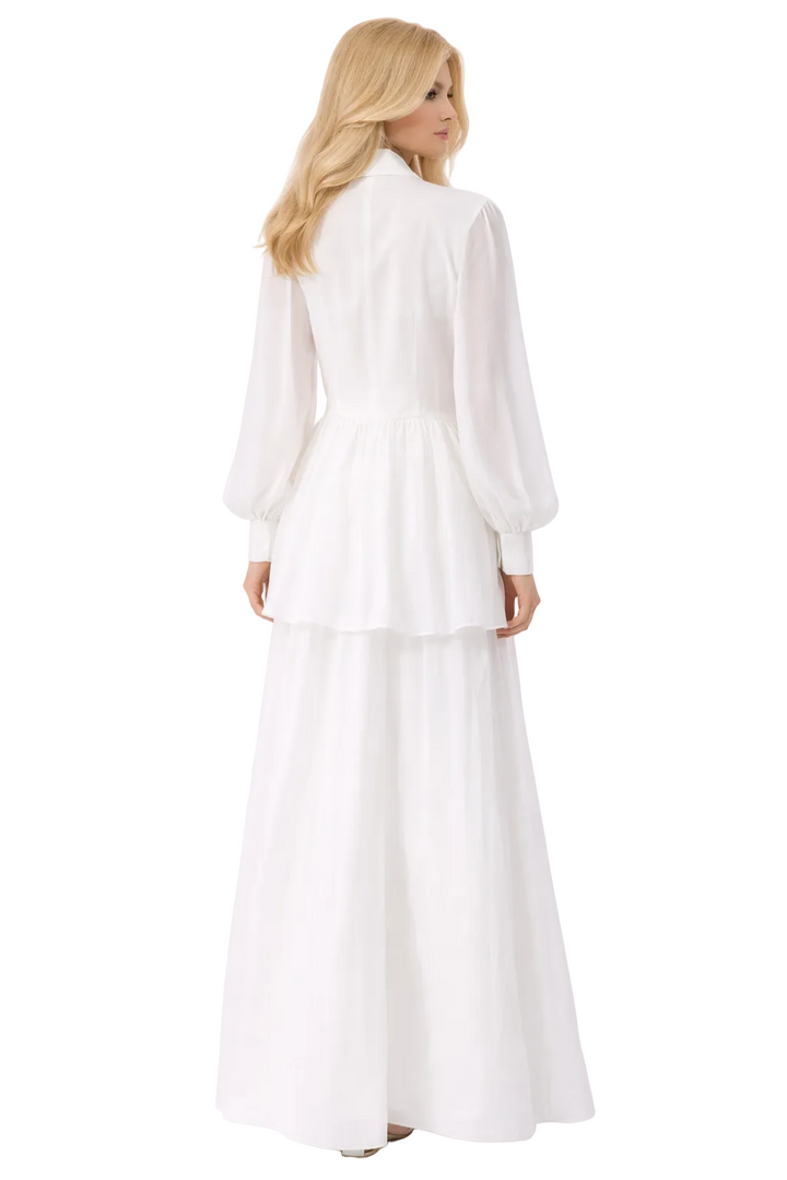 bow-neck chiffon maxi dress with layered ruffle sleeves – SEREL