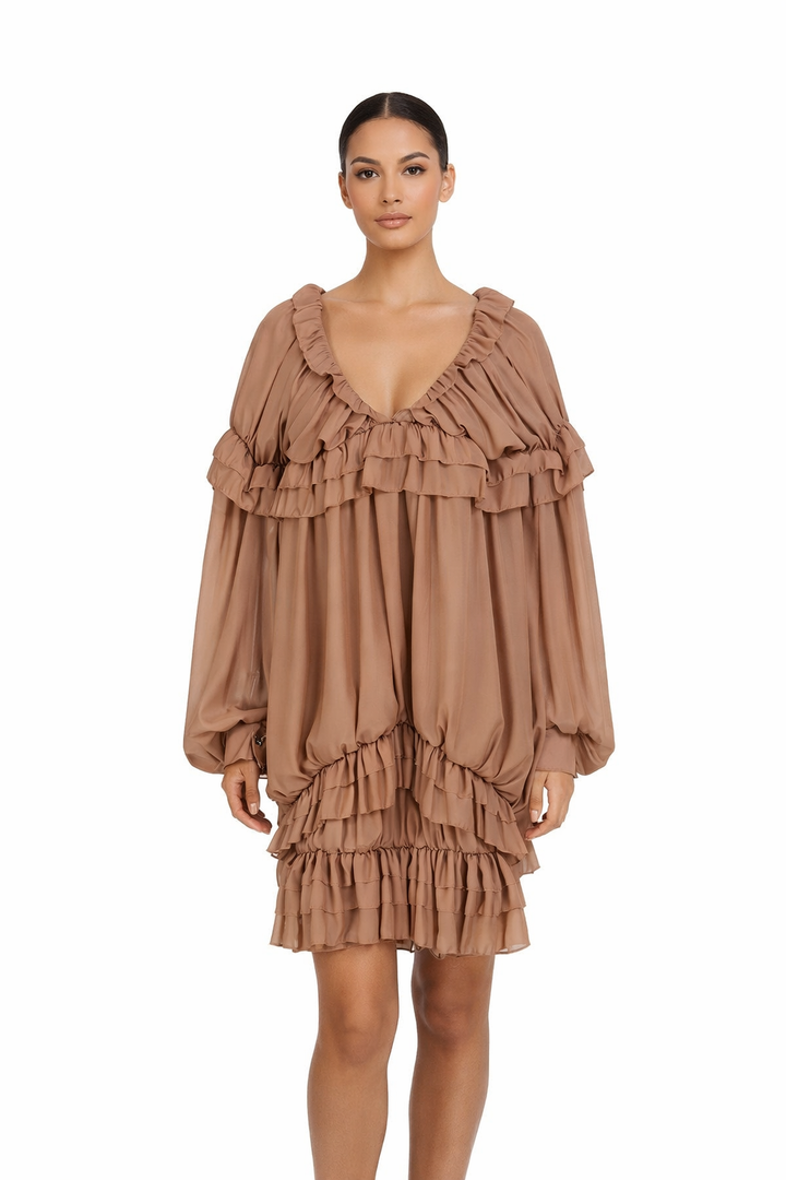 ruffled v-neck chiffon mini dress – VANILLA