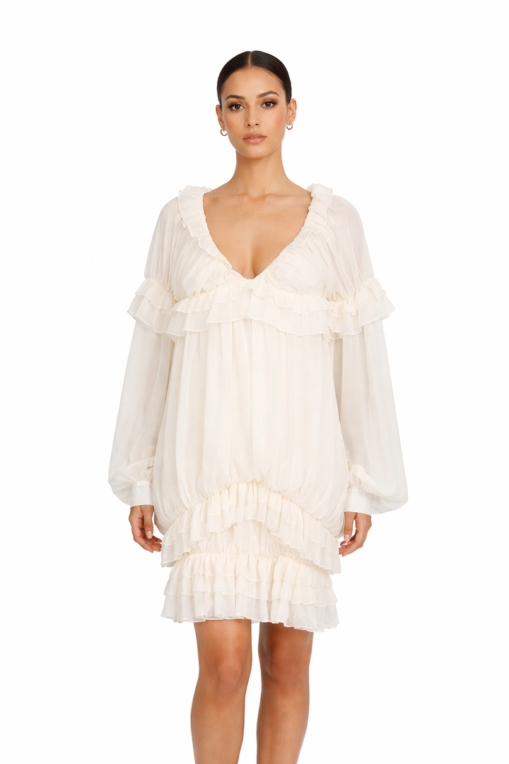 ruffled v-neck chiffon mini dress – VANILLA