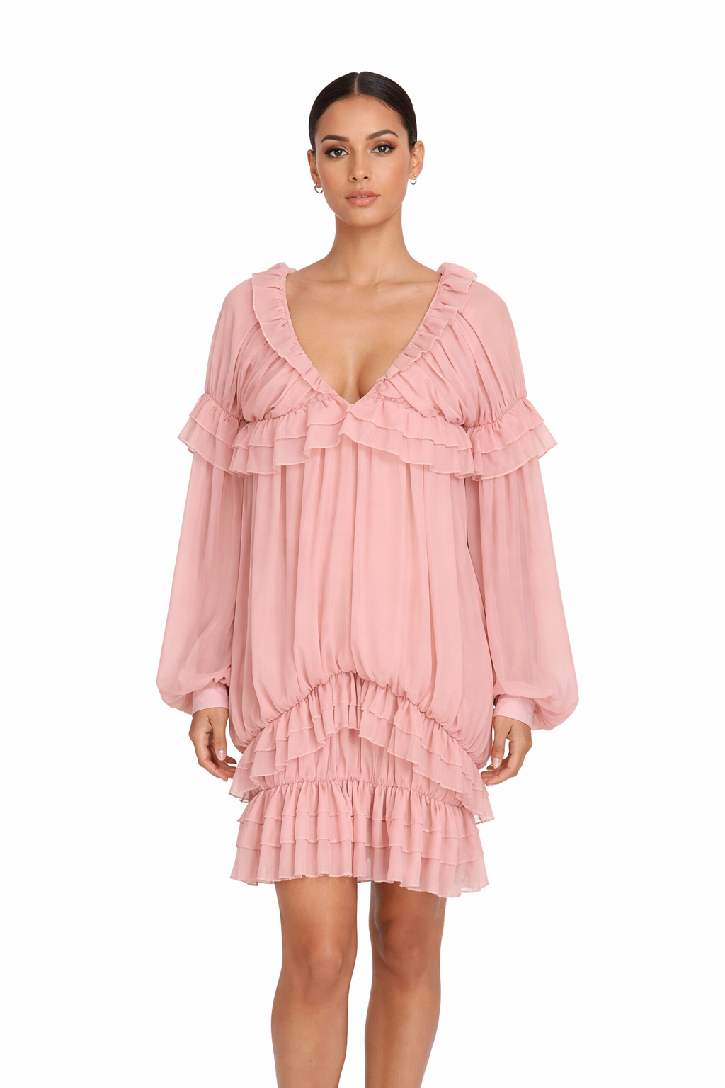 ruffled v-neck chiffon mini dress – VANILLA