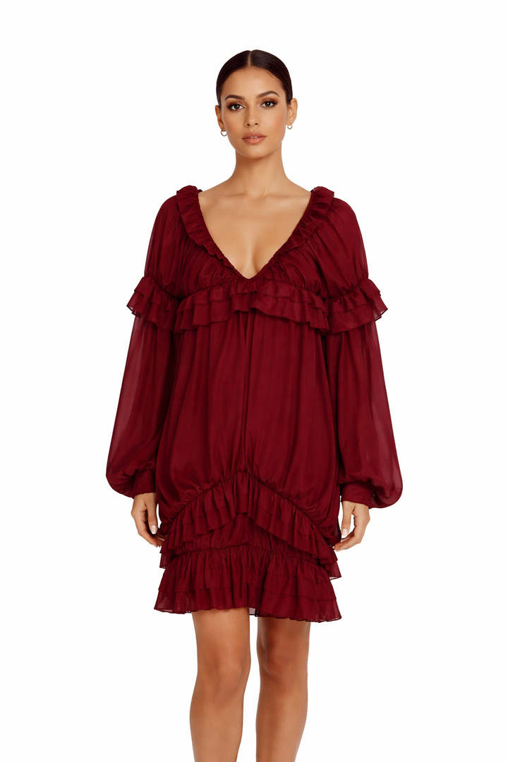 ruffled v-neck chiffon mini dress – VANILLA