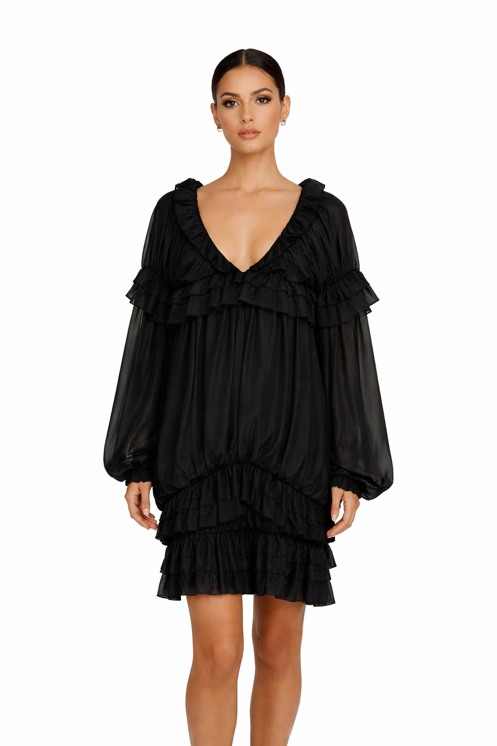 ruffled v-neck chiffon mini dress – VANILLA