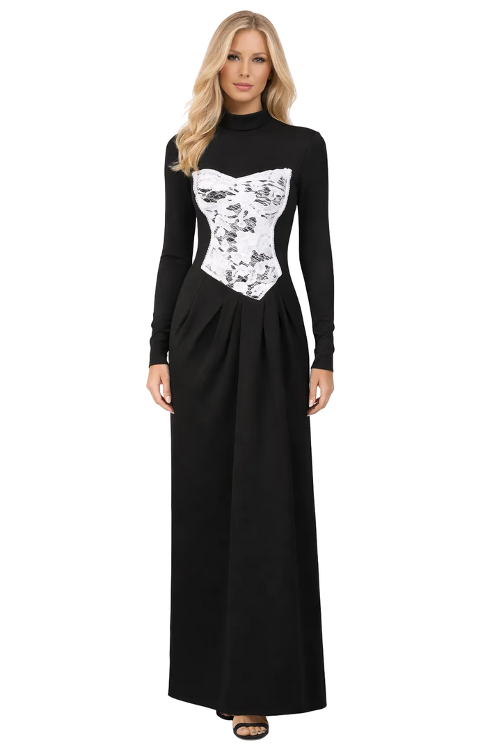high-neck maxi dress with embellished corset panel – ELARA