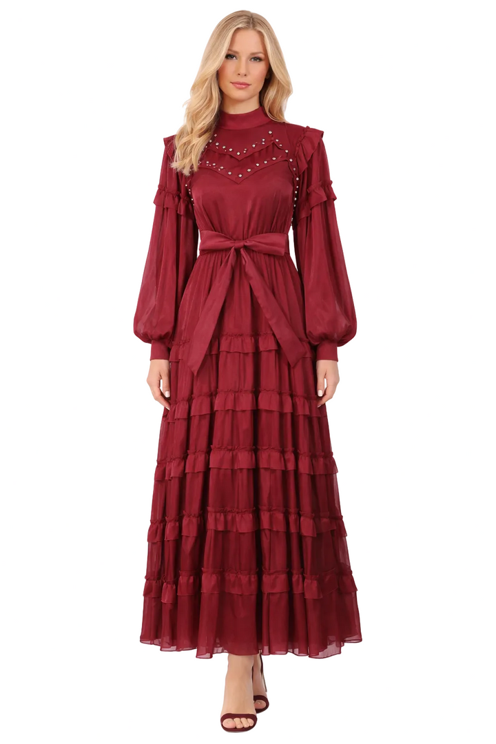 high-neck ruffle midi dress with tiered skirt – VIVIANA