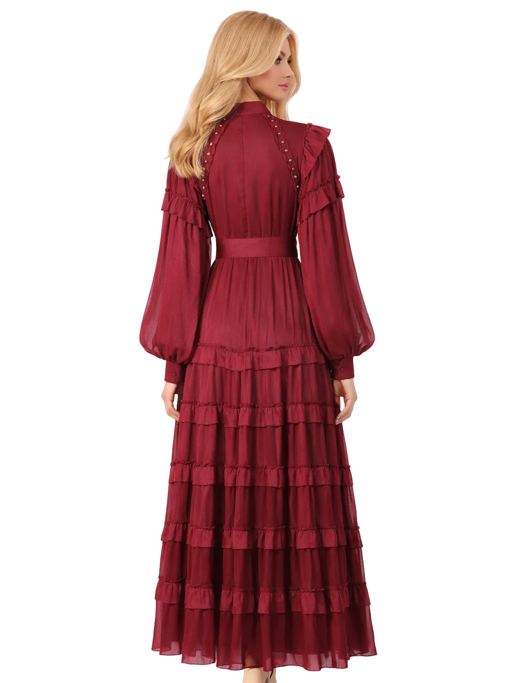 high-neck ruffle midi dress with tiered skirt – VIVIANA