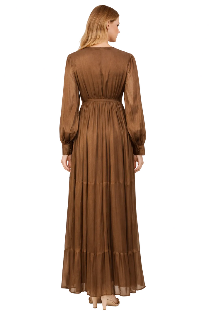 long-sleeve pleated maxi dress with embellished waist panel – SIENNA