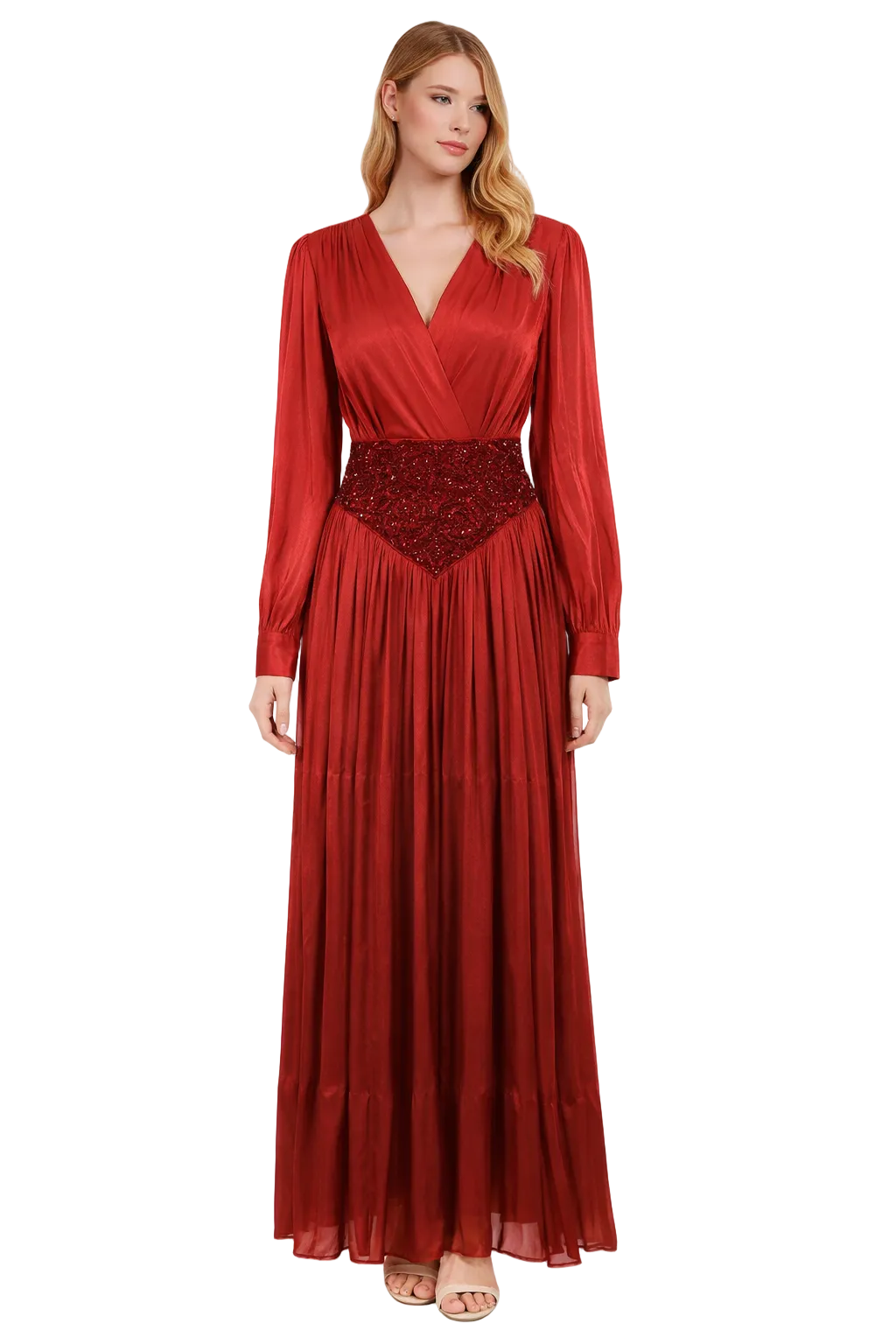 long-sleeve pleated maxi dress with embellished waist panel – SIENNA