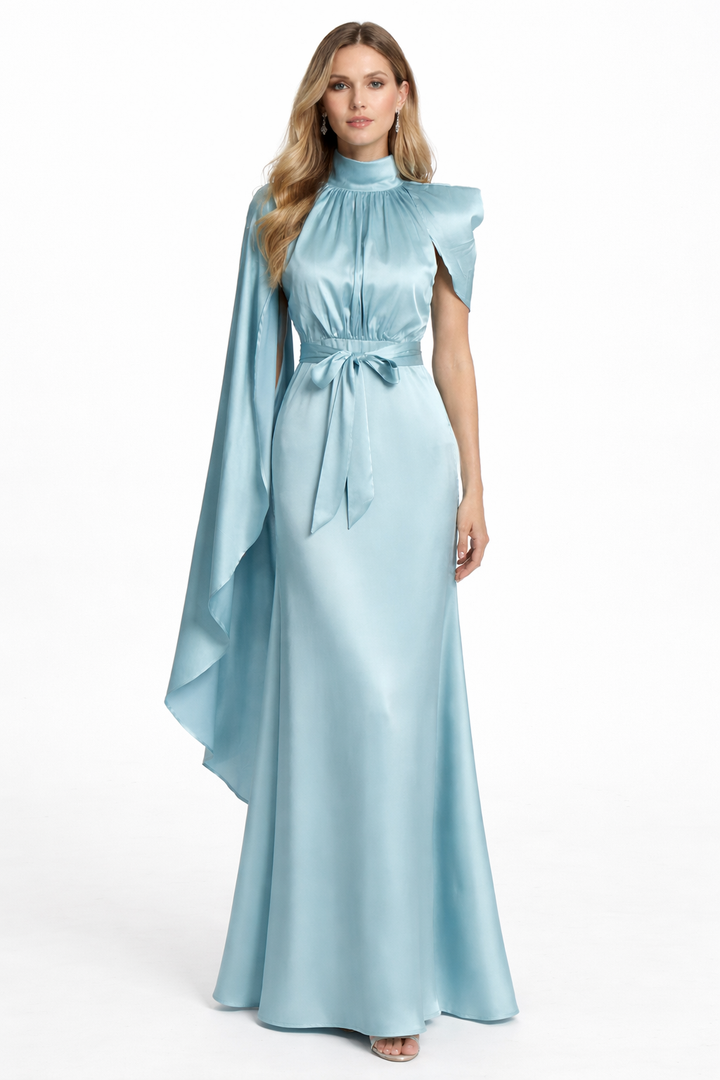 one-shoulder satin cape maxi dress with high neckline – AURORA