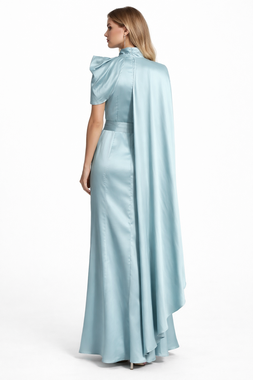 one-shoulder satin cape maxi dress with high neckline – AURORA
