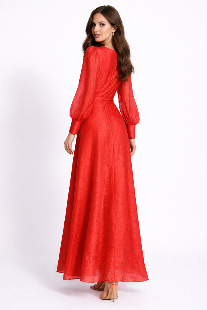 long sleeve wrap satin maxi dress with waist tie – RUBY