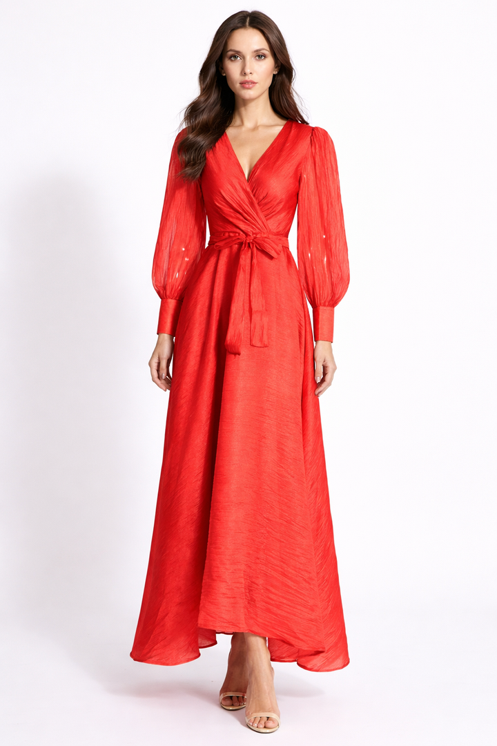 long sleeve wrap satin maxi dress with waist tie – RUBY